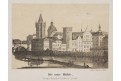 Praha, Staroměstsk&eacute; ml&yacute;ny, litografie, Sandmann,1850