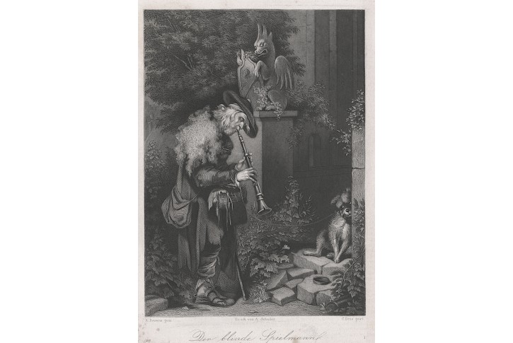 Slepý hudebník, oceloryt, 1868
