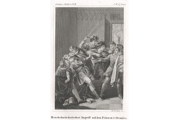 Vilém I. Oranžský zavraždění, mědiryt,  (1820)