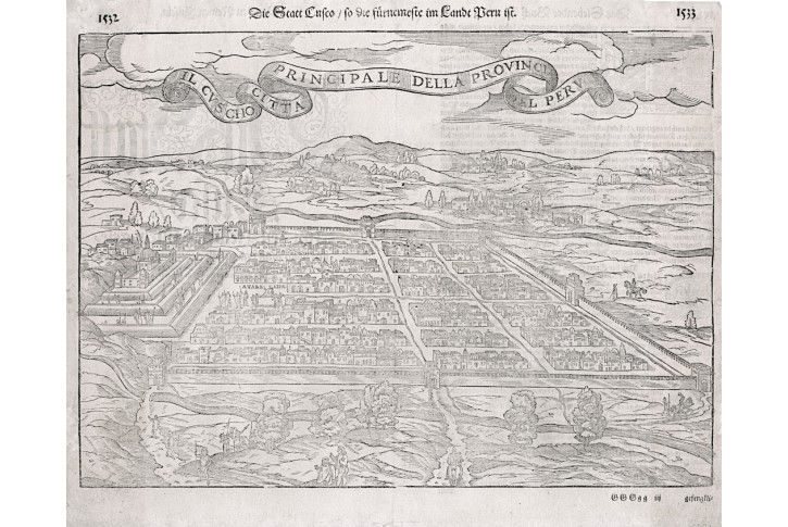 Cusco Peru, S. Münster, dřevořez, (1590)