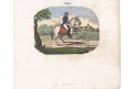 Kůň jezdec, kolor. mědiryt, (1810)