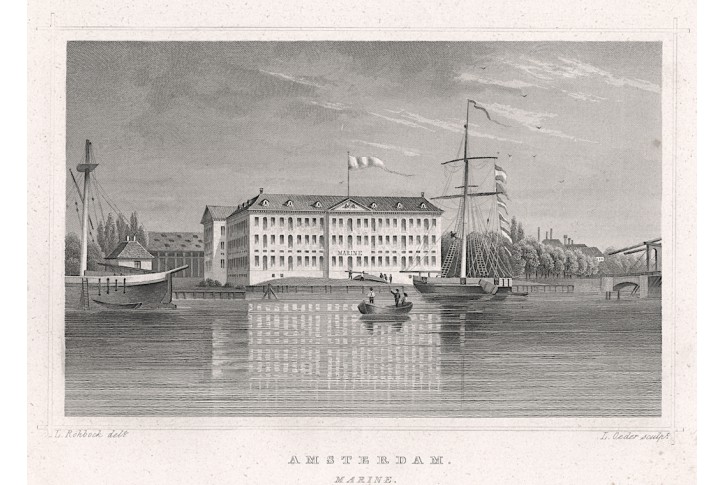 Amsterdam přístav, Lange, oceloryt, (1860)