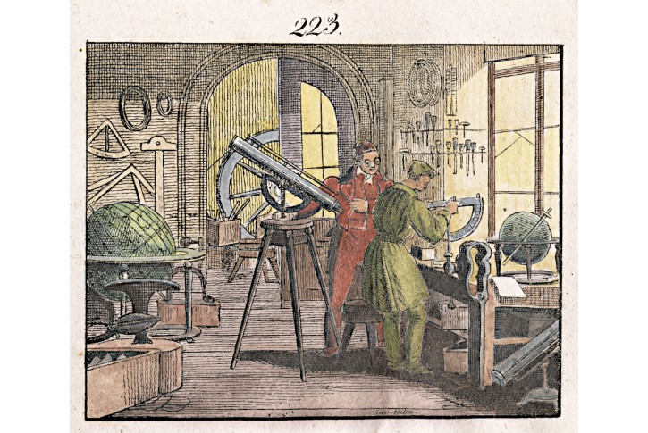 Astronom nástroje výroba, kolor. litografie, 1840