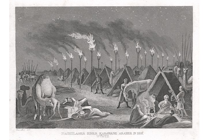 Noční tábor karavany, Strahlheim, oceloryt, 1837