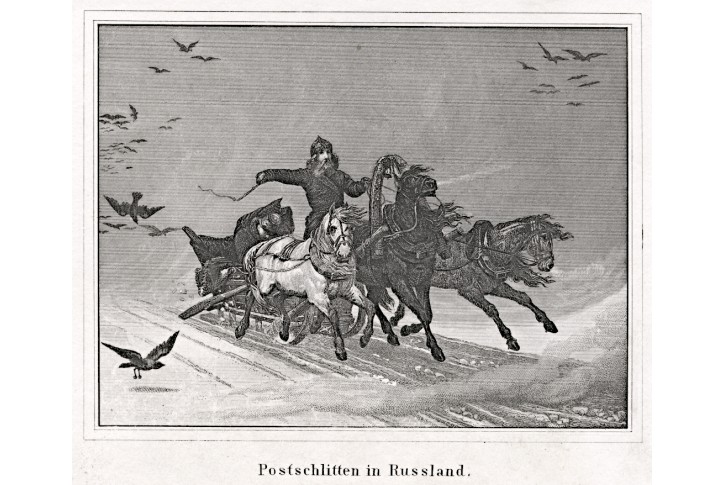Pošta sáně Rusko,, oceloryt, (1850)
