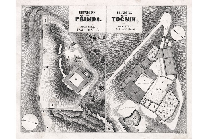 Přimda a Točník, půdorys, Heber, litografie, 1845