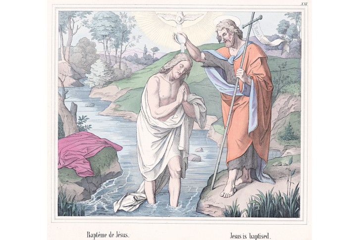 Jan Křtitel křtí Ježíše, kolor. litografie, 1906