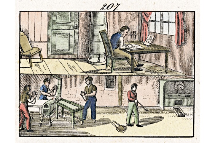 Rytec sazeči písmolijci, kolor. litografie, 1840