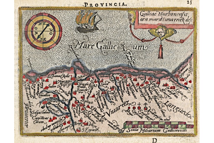 Galiae Narbonen, Ortelius miniatur, mědiryt, 1602