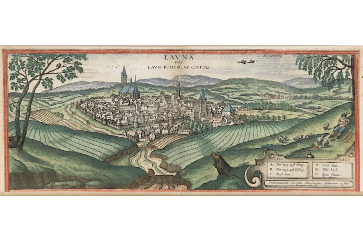 Louny, Braun Hogenberg, kolor. mědiryt 1617
