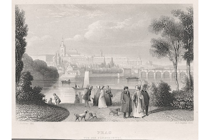 Praha od Slovanského , Herloss, oceloryt, 1841