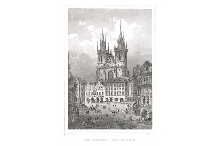 Praha Týnský chrám,  Rohbock, oceloryt 1850