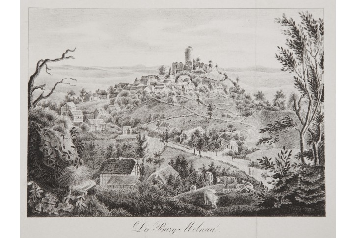 Mellnau Burg (Hessen), litografie, 1850