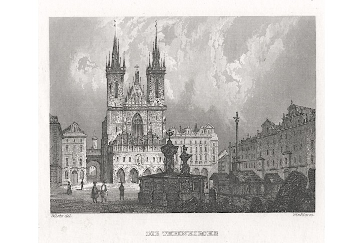 Praha Týnský chrám, Haase, oceloryt (1840)