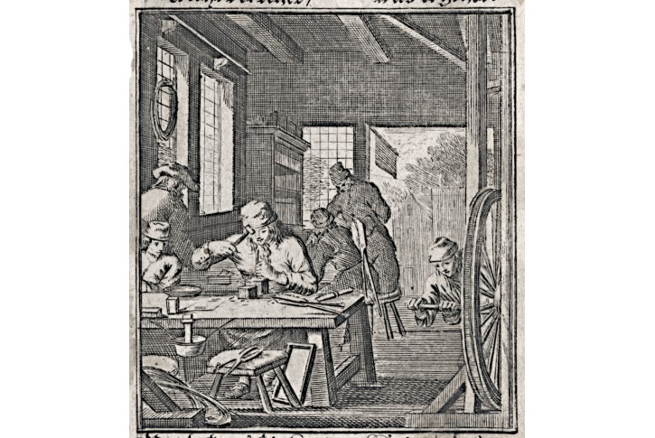 Jehla jehly výroba, mědiryt, 1711