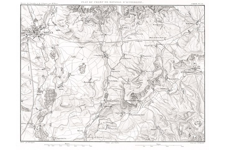 Slavkov bitva plán, Thiers, oceloryt, 1859