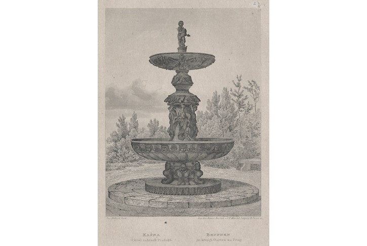 Praha zpívající fontána, Mikovec, oceloryt 1860