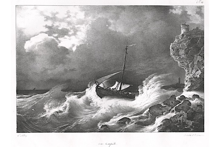 Loď v bouři, litografie, (1830)