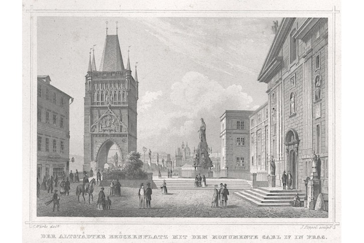 Praha Staroměstská mostecká, oceloryt, (1871)