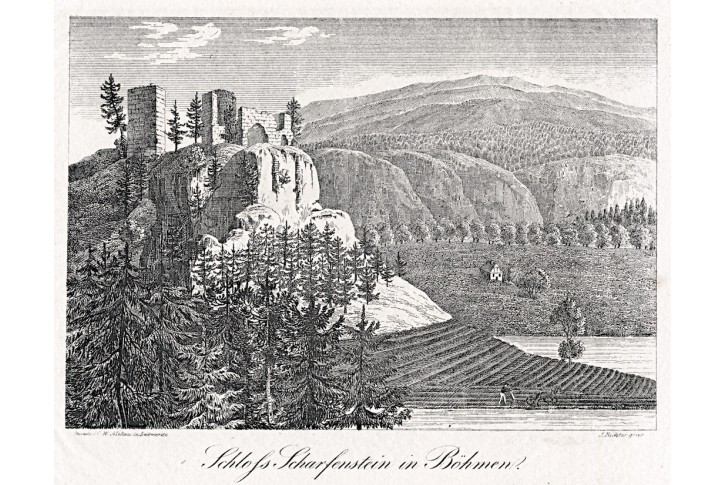 Scharfenstein, Medau, litografie, 1837