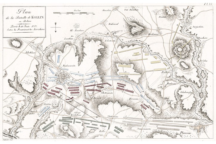 Kolín Plaňany,  bitva plán, mědiryt 1759