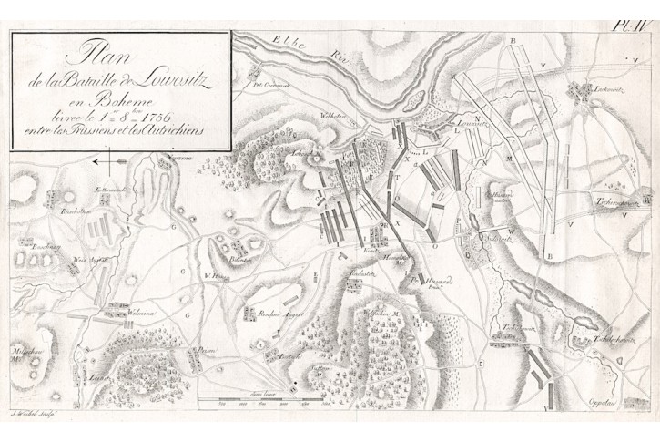 Lovosice,  bitva plán, mědiryt 1759