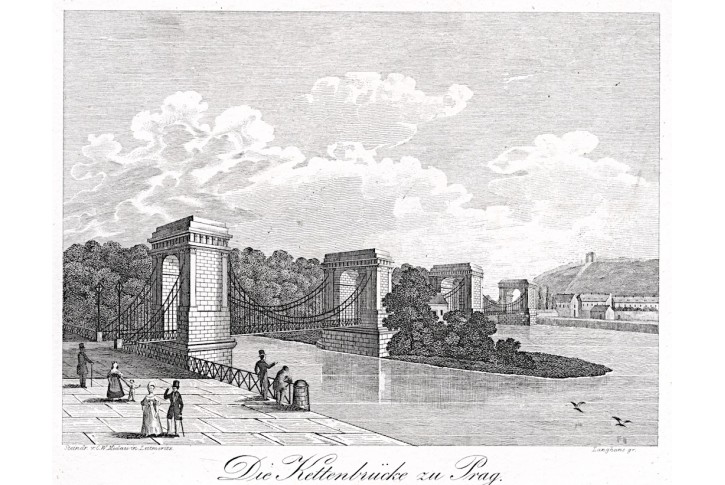 Praha Řetězový most, Medau, litografie, 1841