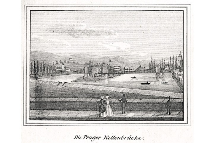 Praha Řetězový most, litografie, 1846