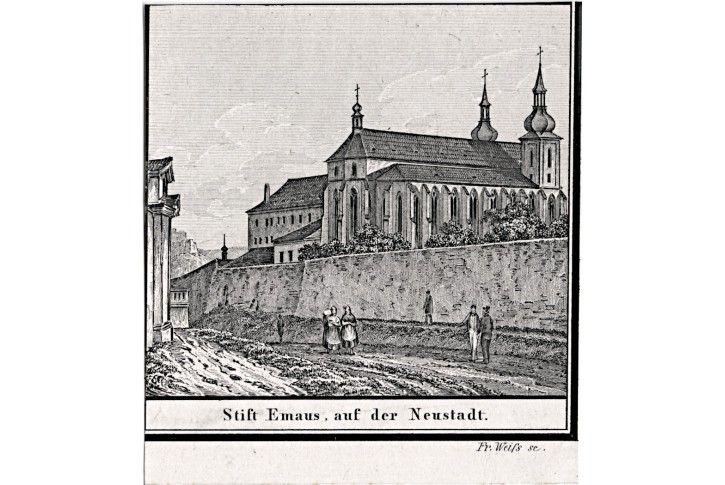 Praha Emauzy, litografie, 1840