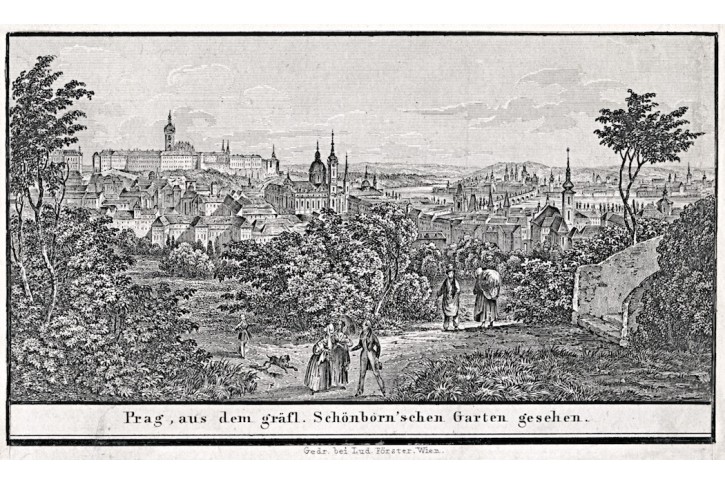 Praha ze Schönbornské zahrady,  litografie, 1840