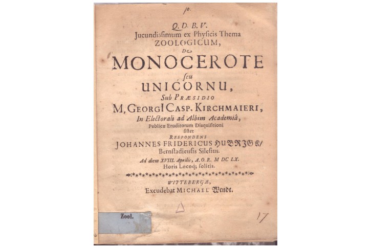 Hubrigk J.F., De Monocerote seu Unicornu, 1660