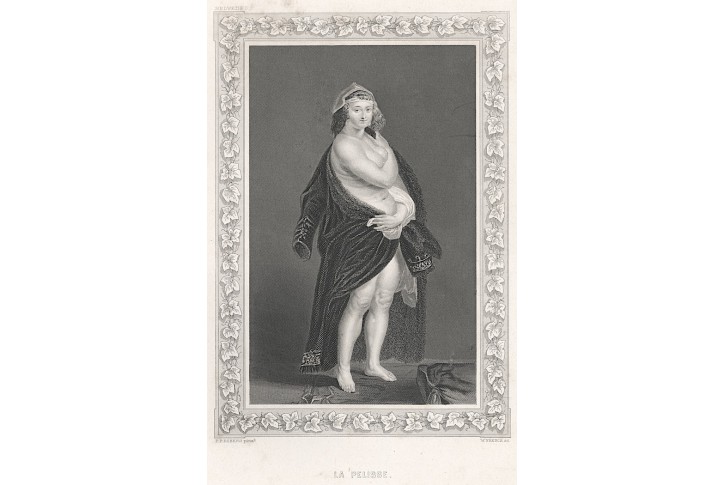 žena v kozichu podle Rubense, oceloryt, 1860
