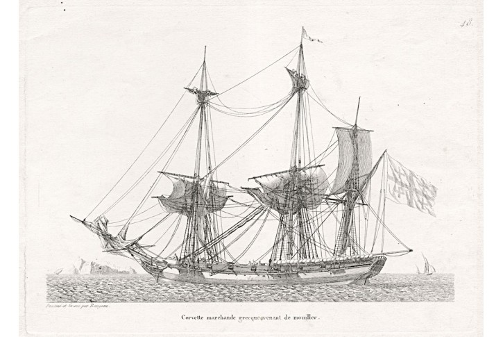 Loď plachetnice, Baugean, mědiryt , 1814