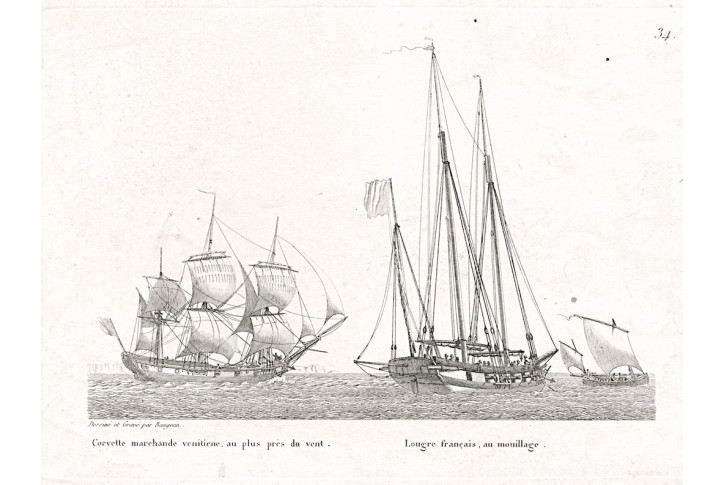 Loď plachetnice II., Baugean, mědiryt , 1814