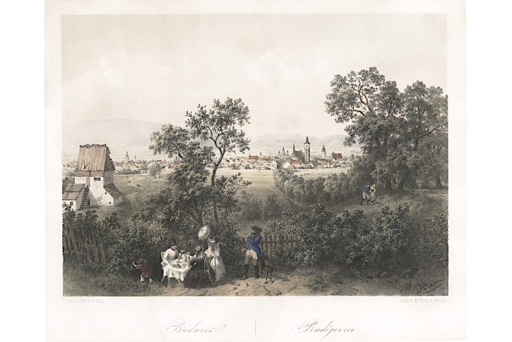 České Budějovice, Haun, kolor. litografie, 1860