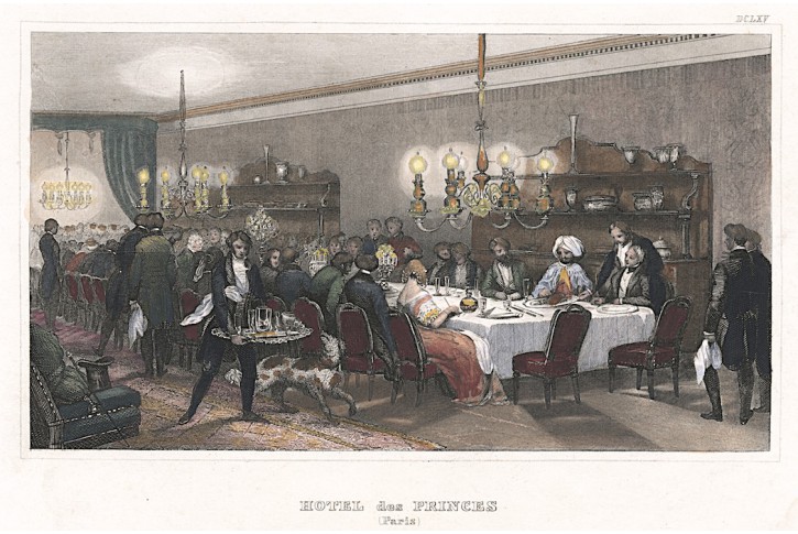 Hostina gastronomie, Meyer, kolor. oceloryt, 1850