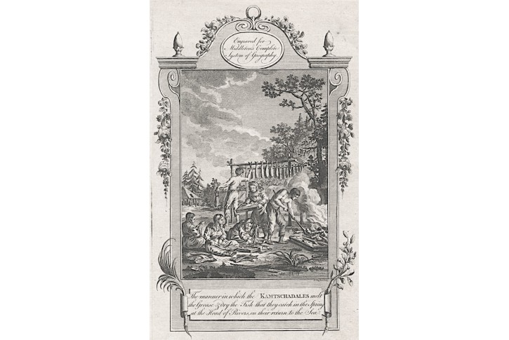 Losos sušení na Kamčatka, mědiryt , 1777