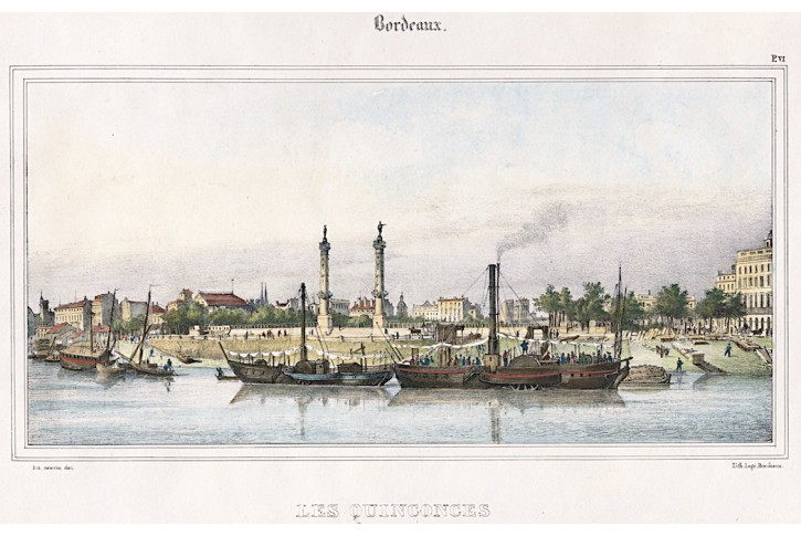 Bordeaux lodě Quinconces, litografie, 1834