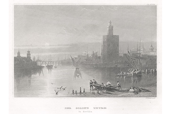 Sevilla přístav , Meyer, oceloryt, 1850