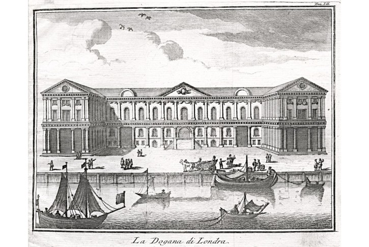 Londýn přístav celnice, mědiryt, (1780)