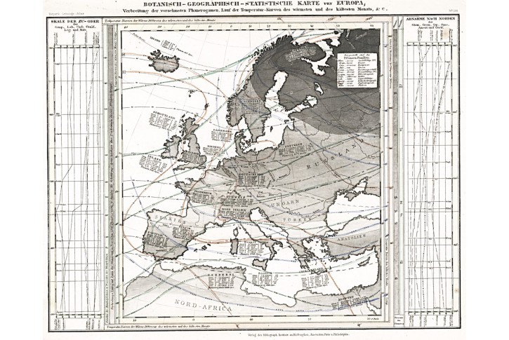 Evropa klimatická, Meyer, oceloryt, 1849