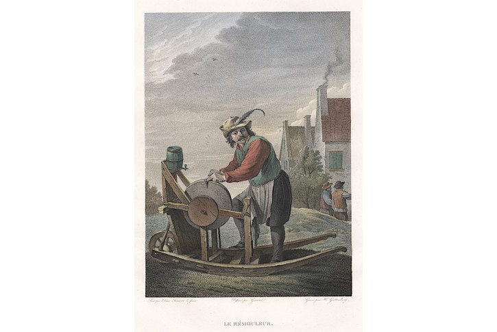Nožíř - brusič,, kolor. mědiryt, (1810)
