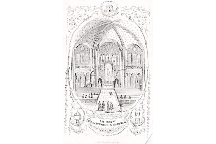 Mariánské Lázně kostel interier, litografie , 1850