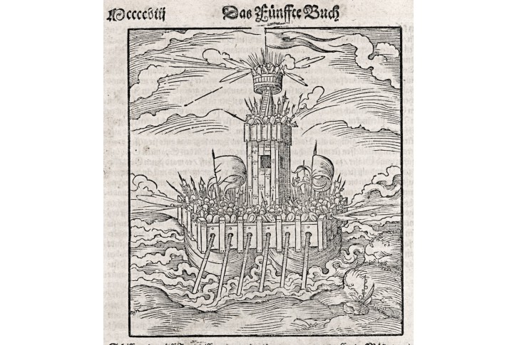 Lodˇválečná - lidojedi,  Münster, dřevořez, (1580)