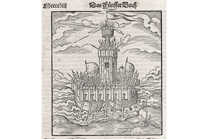 Lodˇválečná - lidojedi,  Münster, dřevořez, (1580)