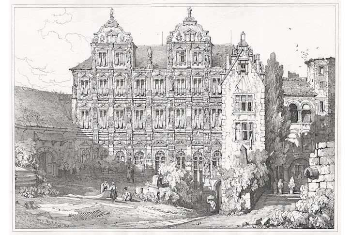 Heidelberg zámek, Prout, litografie. 1833