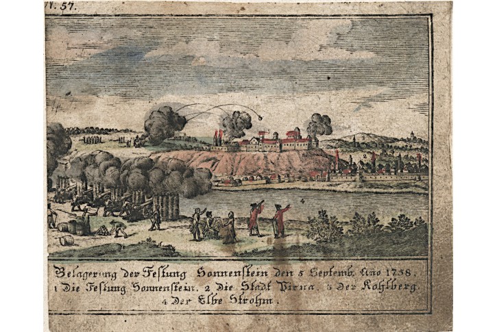 Sonnenstein Pirna obléhání, kolor. mědiryt, (1796)