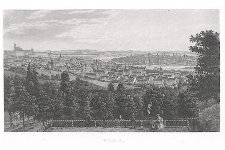 Praha z Nebozízku, oceloryt, (1840)
