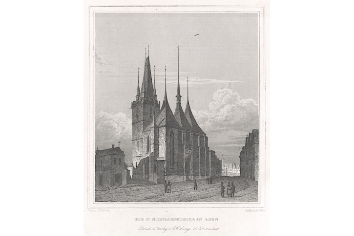 Louny kostel sv. Mikuláše, Lange, oceloryt, 1842