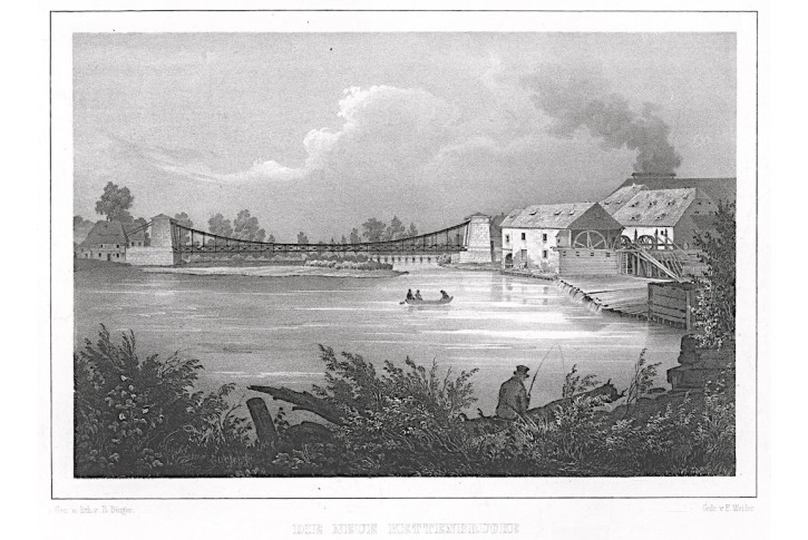 Poděbrady řetězový most, Semmler, litografie, 1845